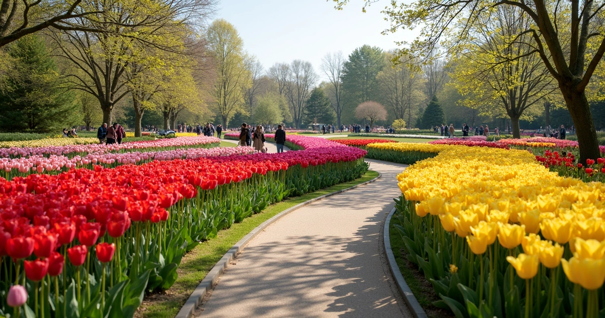 Tulipas coloridas alinhadas em grandes canteiros no Keukenhof, com visitantes caminhando por trilhas amplas 