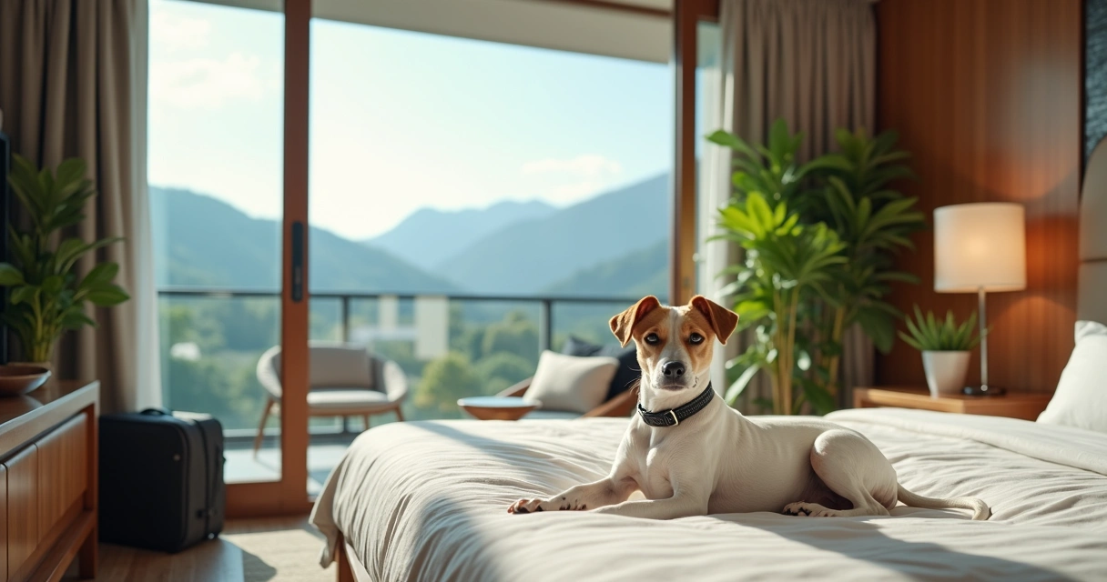 Cachorro deitado na cama de hotel com janela mostrando vista para montanhas 