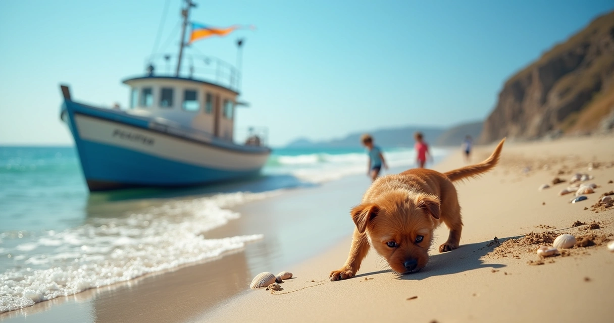 Cachorro brinca na areia da praia com barquinhos ao fundo, céu ensolarado 
