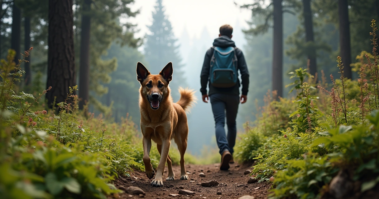 Dono e cachorro em trilha de serra cercados de pinheiros e flores 