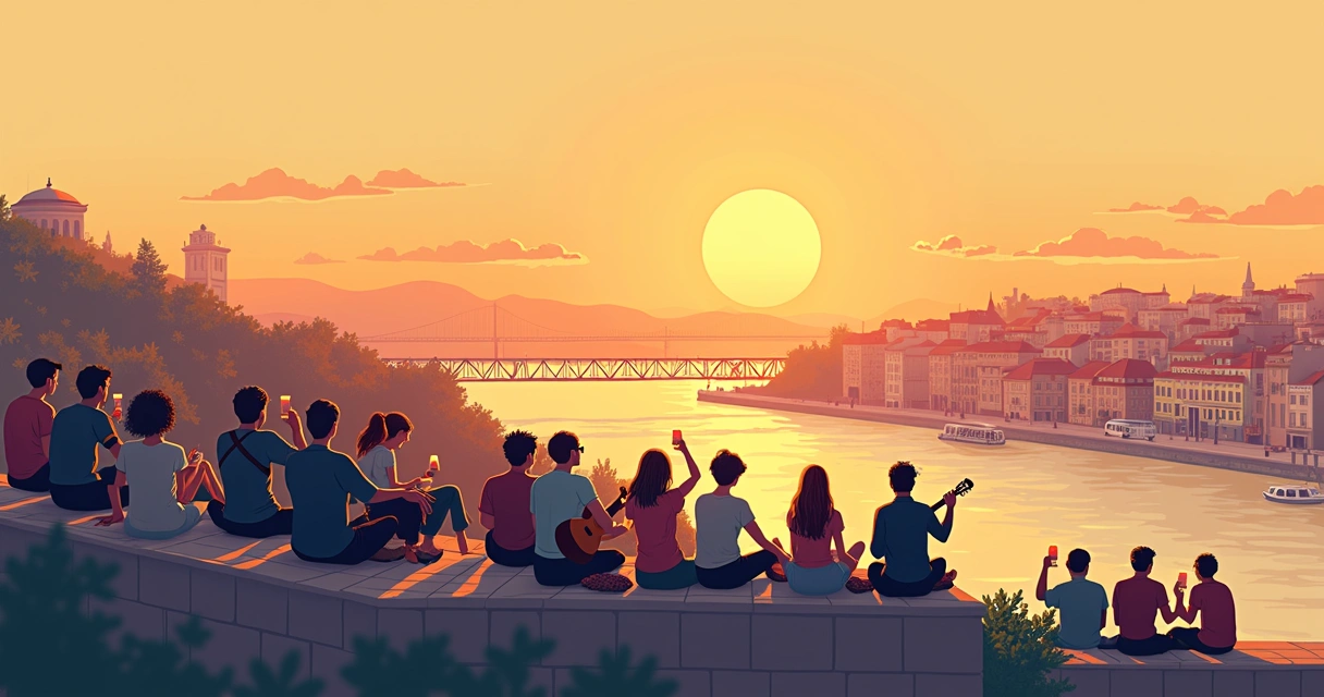 Visitantes em miradouro com vista para Lisboa e pôr do sol 