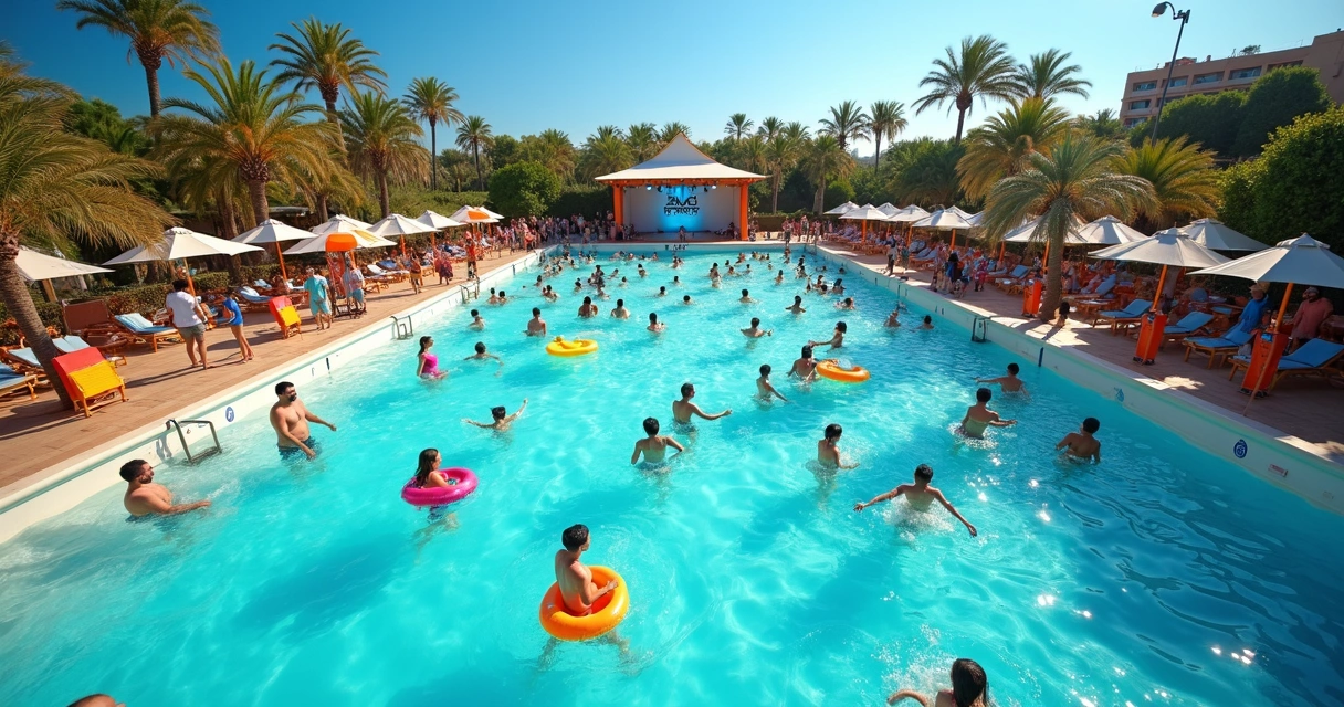 Piscina de ondas grande com famílias se divertindo 