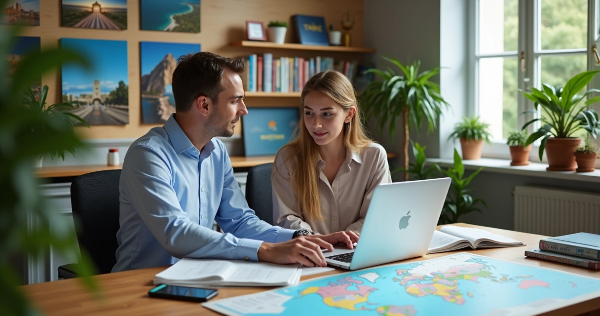 Agente de viagem atendendo cliente com computador e mapas na mesa para planejamento detalhado