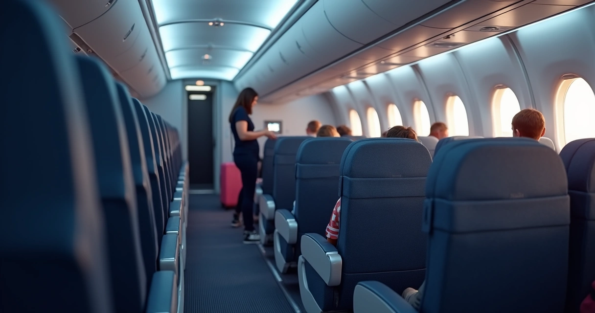 Interior de avião com fileiras de assentos confortáveis e janelas iluminadas