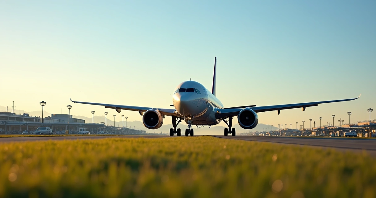 Avião comercial taxiando na pista de aeroporto com céu azul claro e estrutura aeroportuária ao fundo