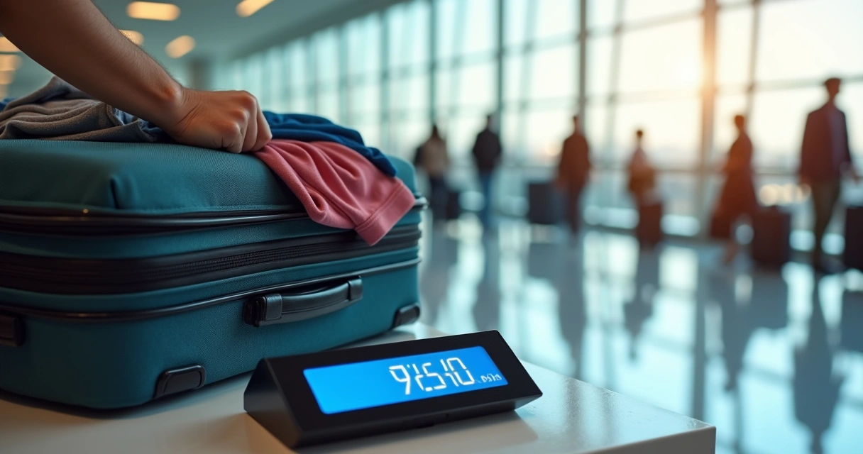 Balança digital pesando mala de mão com código de barras visível na etiqueta