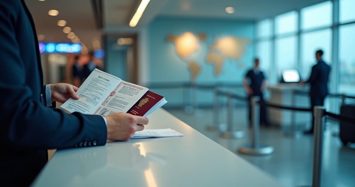 Viajante mostra passaporte e documentos a agente no balcão de imigração