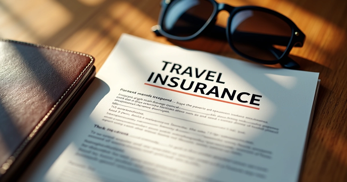 Documento de seguro viagem sobre mesa elegante com passaporte e óculos escuros ao lado