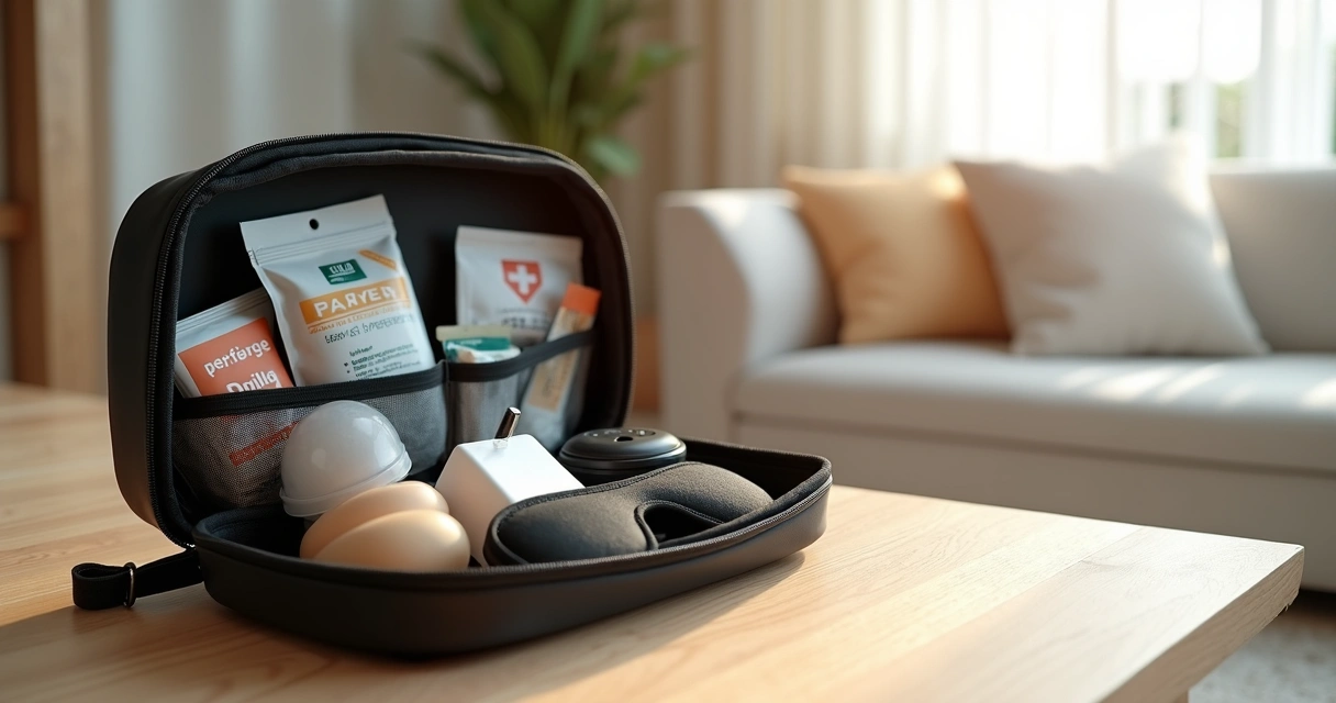 Bolsa de emergência aberta com itens essenciais como máscara de olhos, tampões de ouvido, adaptador de energia compacto, pacotes de café descafeinado, itens de higiene e primeiros socorros sobre mesa