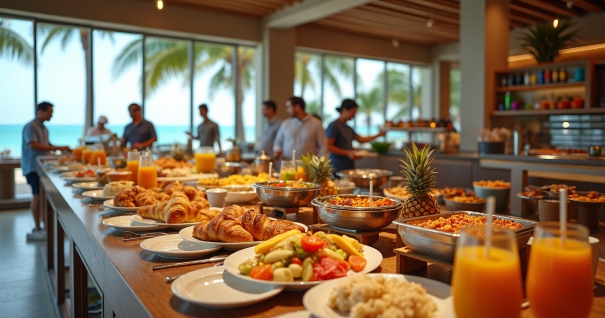 Buffet de hotel com café da manhã e refeições variadas em resort all-inclusive