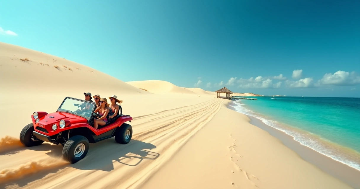 Bugue vermelho passando nas dunas claras de Jericoacoara em frente a lagoa azul