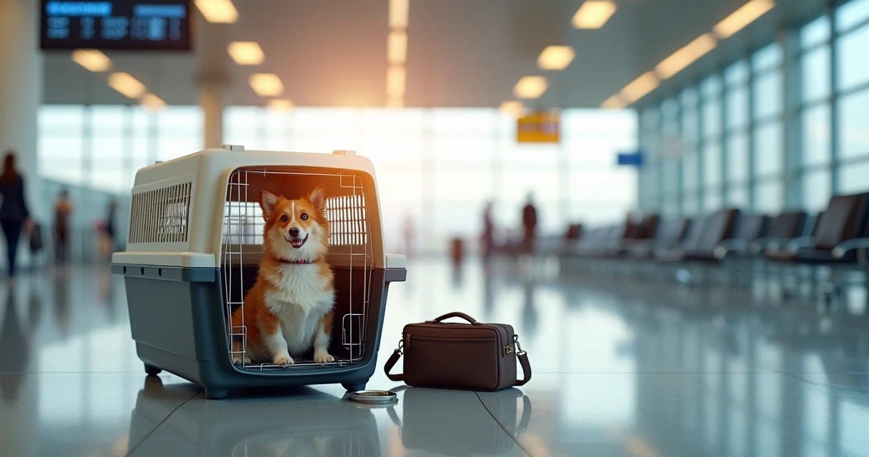 Cachorro dentro de caixa de transporte aprovada para avião, confortável em ambiente de aeroporto moderno e iluminado