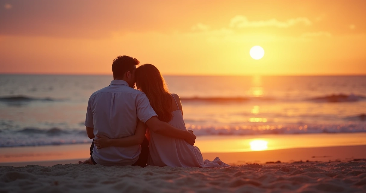 Casal sentado na areia da praia observando o pôr do sol com céu colorido e mar ao fundo