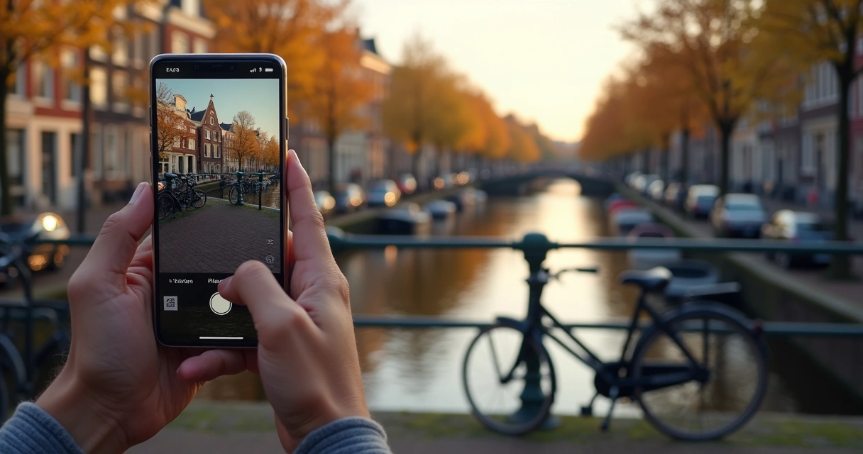 Pessoa tirando foto com celular das casas inclinadas nos canais de Amsterdam