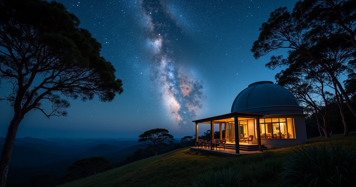 Observatório em parque nacional com céu noturno cheio de estrelas e via láctea visível