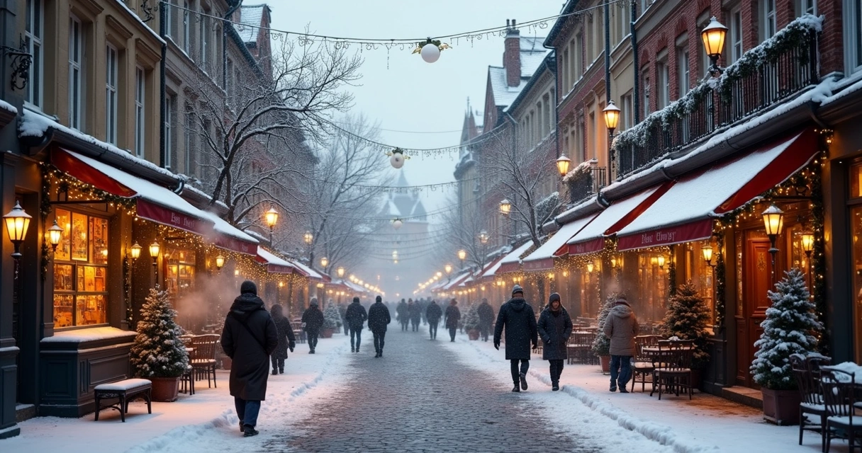 Rua charmosa de cidade europeia coberta de neve com luzes natalinas acesas durante o inverno