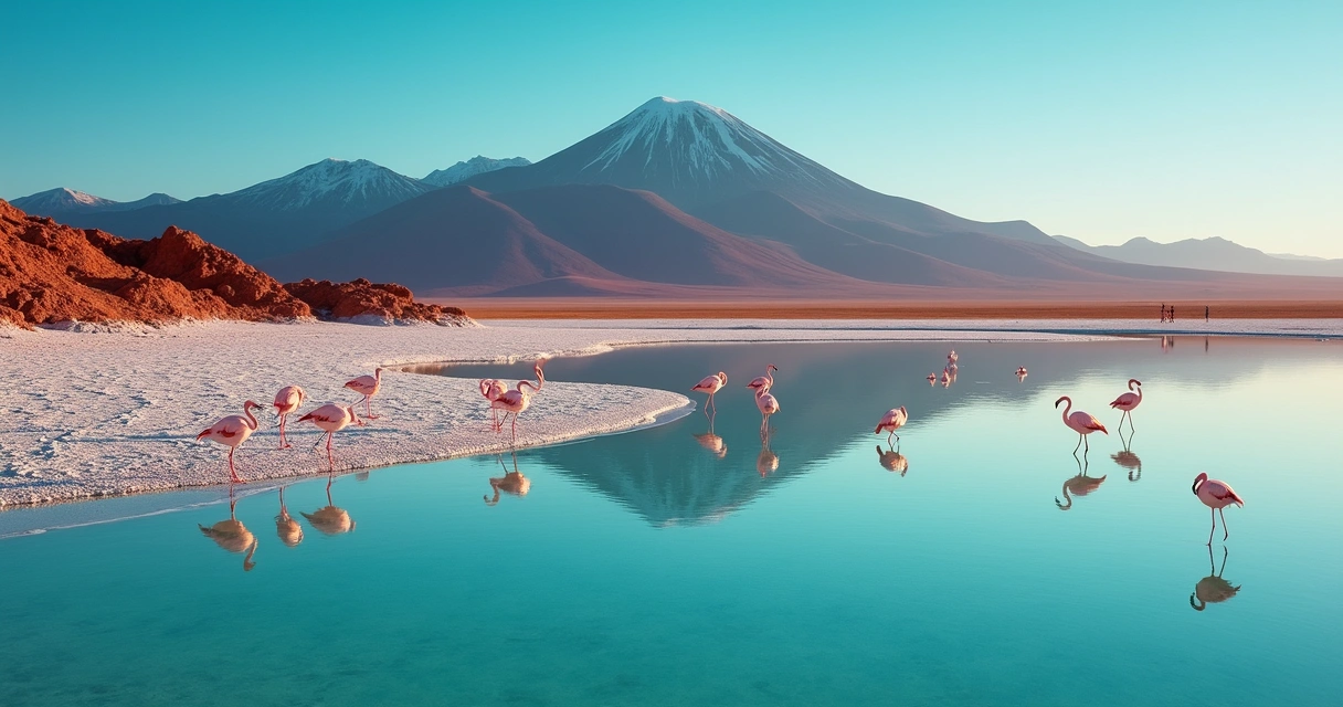Vista panorâmica do Deserto do Atacama com flamingos em lagoa salgada ao pôr do sol