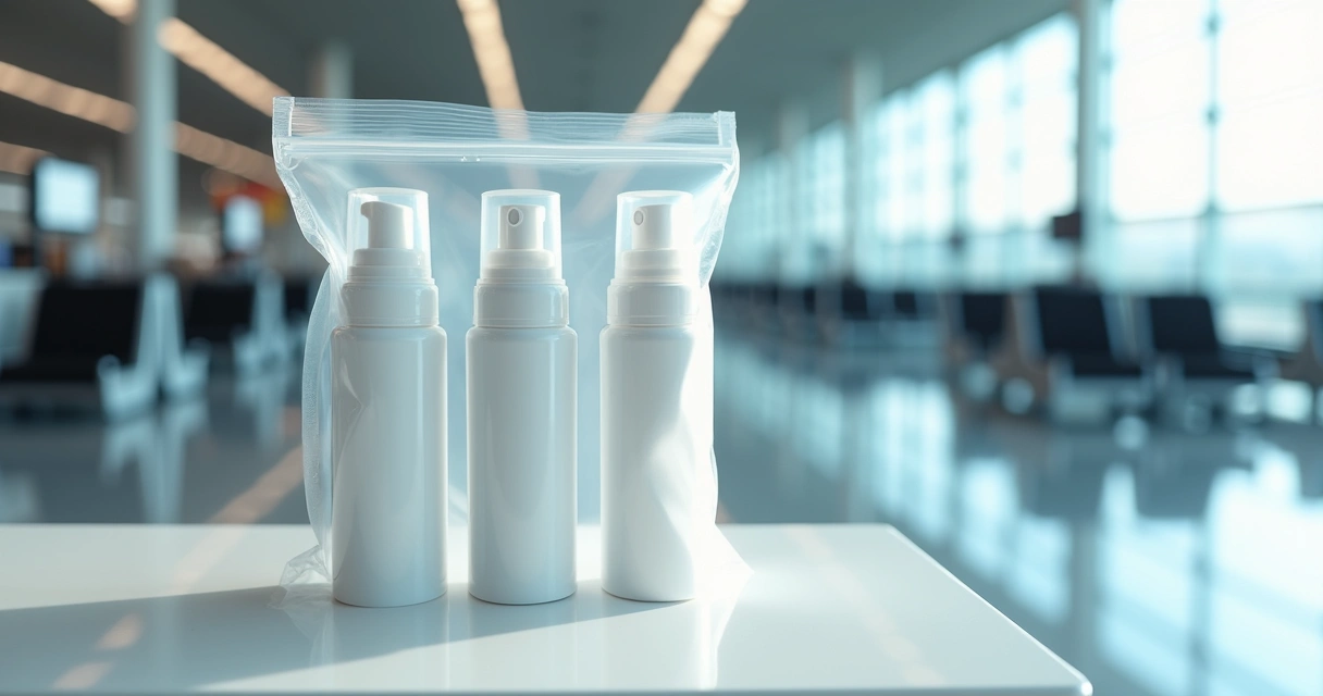 Três frascos de desodorante aerosol transparentes, organizados em saco plástico transparente e vedado, sobre mesa branca em ambiente de aeroporto