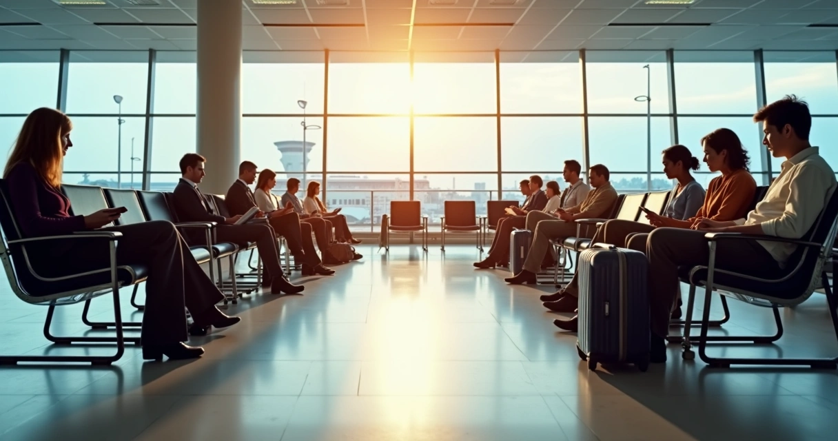 Passageiros esperando no aeroporto com malas ao redor, usando celulares e notebooks em áreas de assentos confortáveis e espaços de alimentação ao fundo