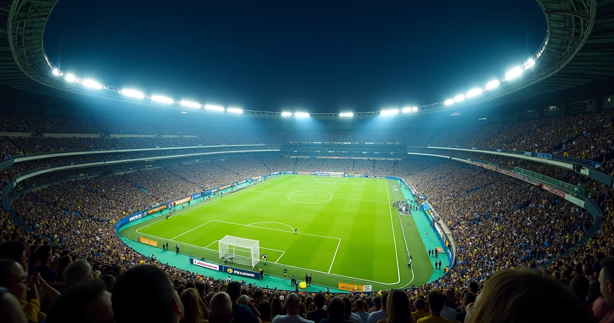 Vista noturna do Estádio Maracanã iluminado com céu estrelado ao fundo