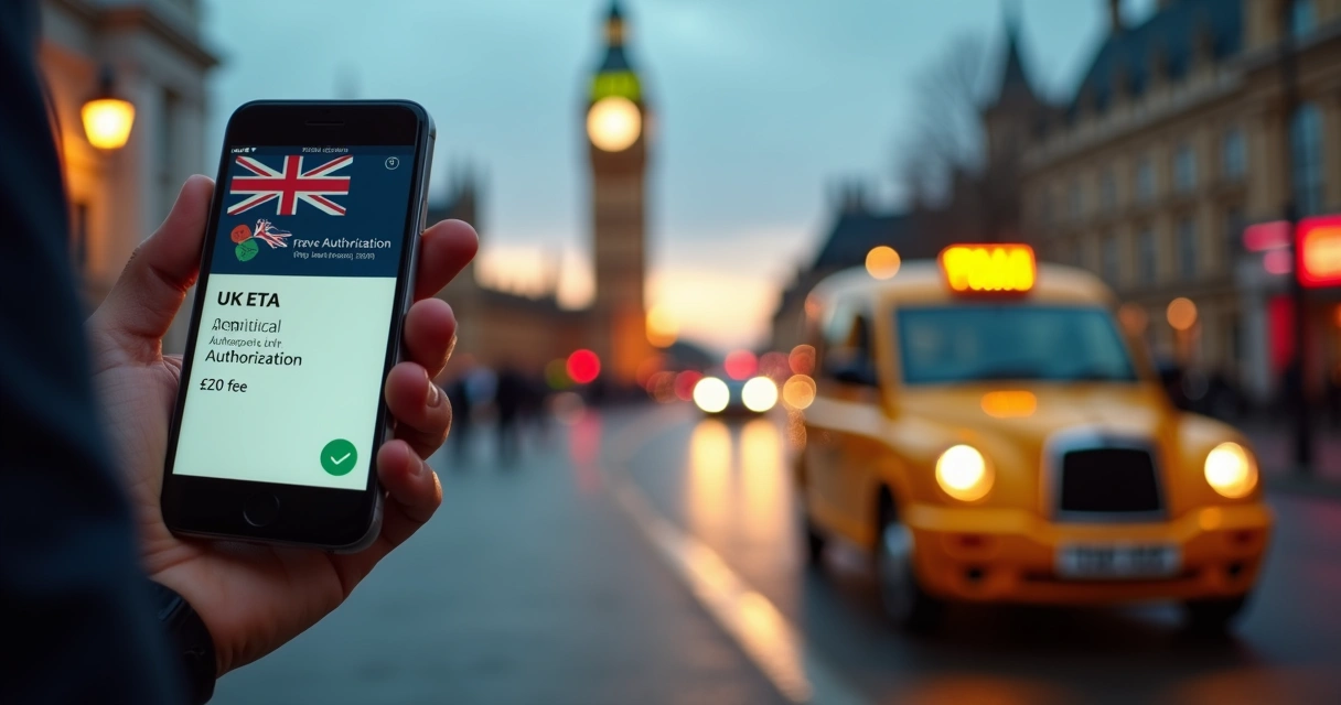 Mão segura smartphone com app de viagem mostrando bandeira do Reino Unido perto de táxi londrino amarelo