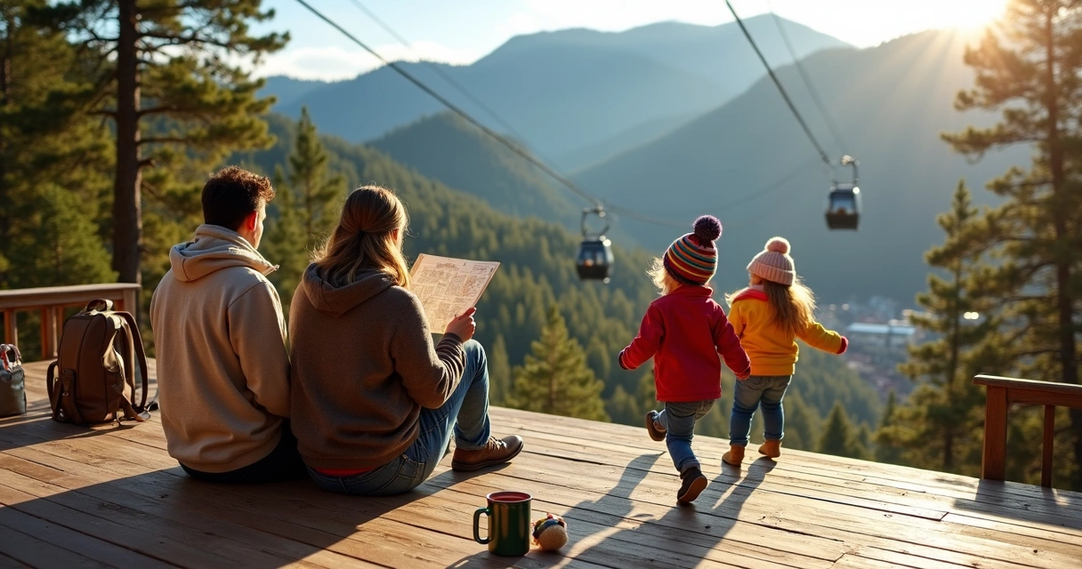 Família com crianças em deck de madeira em Campos do Jordão em dia frio ensolarado