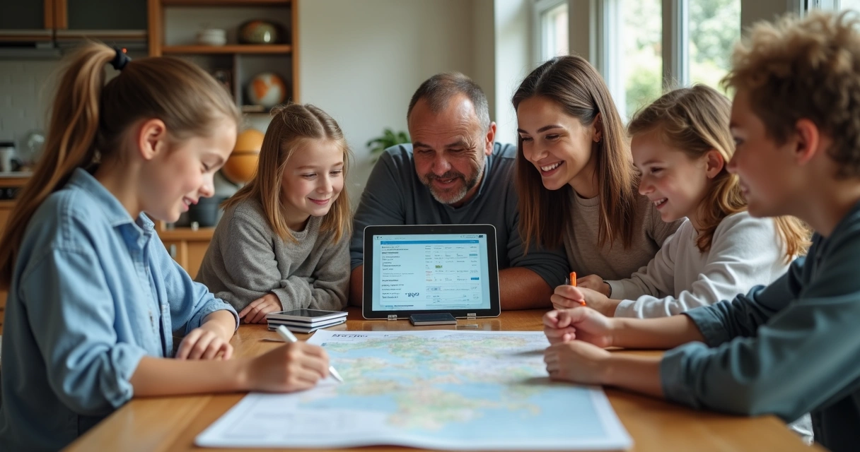 Família reunida com mapas e dispositivos digitais planejando viagem com crianças e adultos em mesa ampla iluminada
