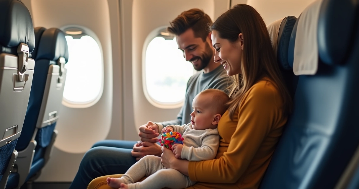 Pai sentado ao lado de Mãe que está segurando bebê no colo dentro do avião com janelas ao fundo e luz natural