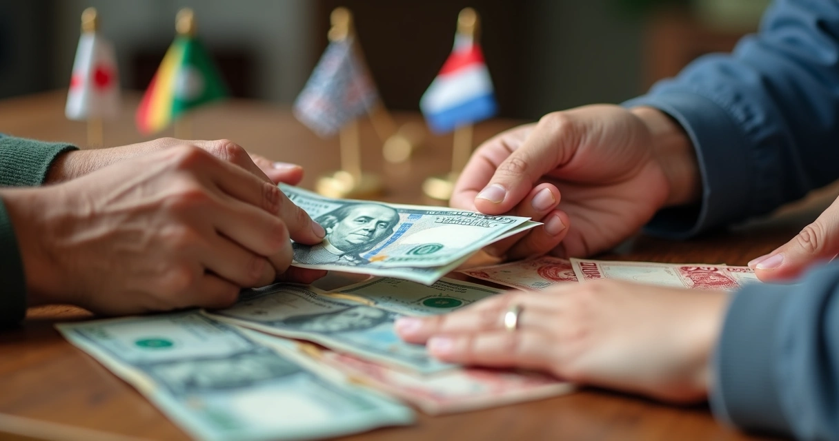 Mãos de pessoas entregando gorjetas em diferentes moedas e notas de vários países