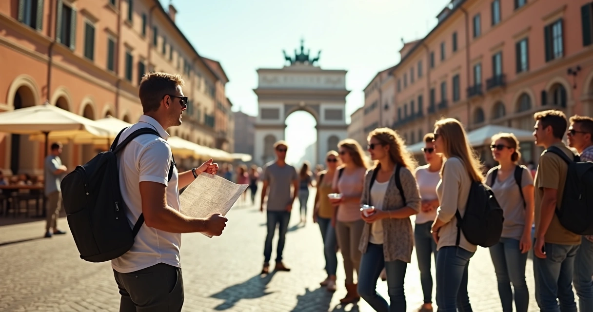 Guia de turismo mostrando cidade para grupo de viajantes