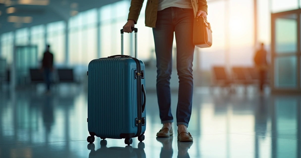 Passageiro segurando mala de mão com etiquetas enquanto mala despachada está ao lado no aeroporto