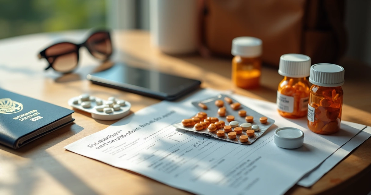 Remédios organizados em frascos e embalagens transparentes sobre uma mesa ao lado de um passaporte e um bilhete de avião