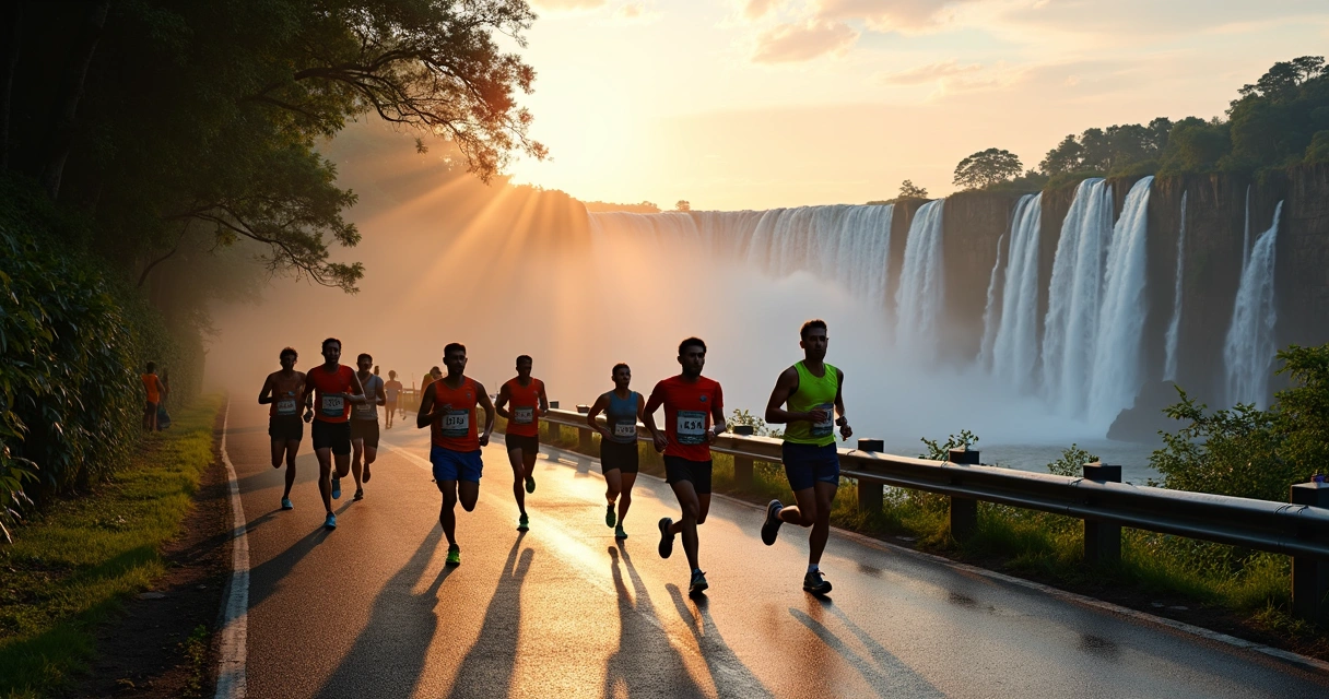 Corredores em meia maratona com as Cataratas do Iguaçu ao fundo