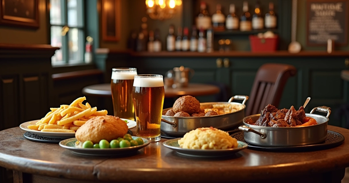 Pratos clássicos de comida inglesa sobre mesa de madeira em pub inglês