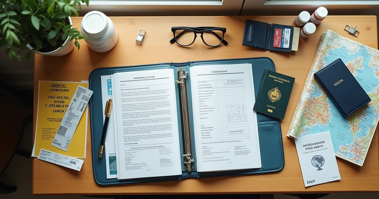 Mesa com documentos de viagem, certificado de vacinação e remédios organizados ao lado de um mapa