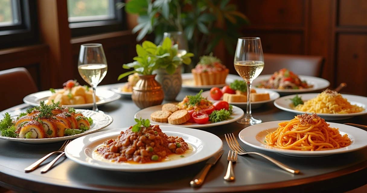 Mesa elegante com pratos típicos variados de diferentes culinárias internacionais dispostos em ambiente luxuoso