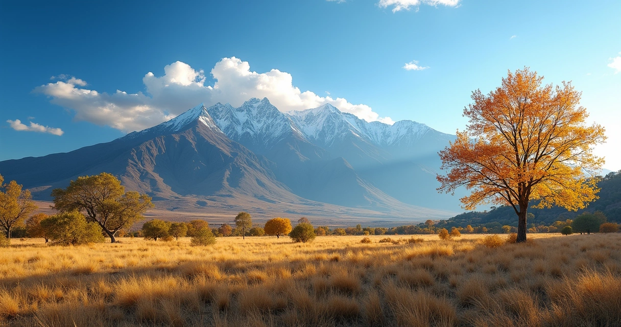 Paisagem panorâmica da Argentina na primavera com montanhas, árvores floridas e céu azul claro