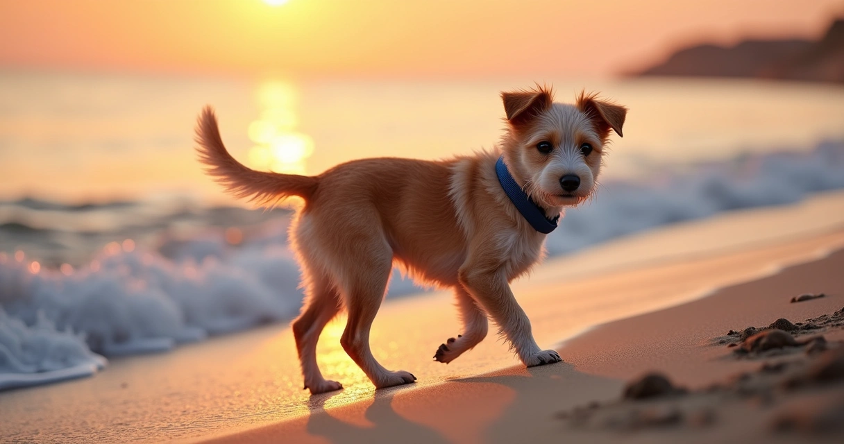 Cachorro com coleira azul caminhando na areia fofa de praia ao entardecer com o mar ao fundo