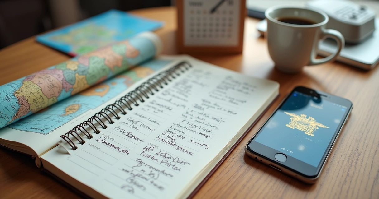 Mesa organizada com caderno, mapa, passaporte e celular mostrando planejamento de viagem econômica