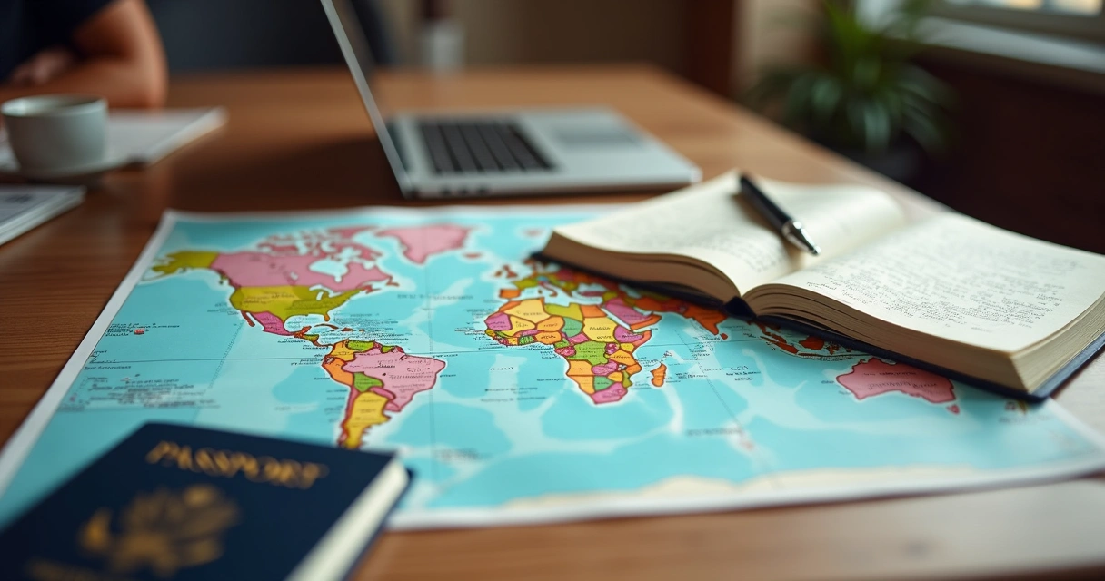 Mesa com mapa, caderno aberto com anotações, passaporte, caneta e um laptop em ambiente iluminado
