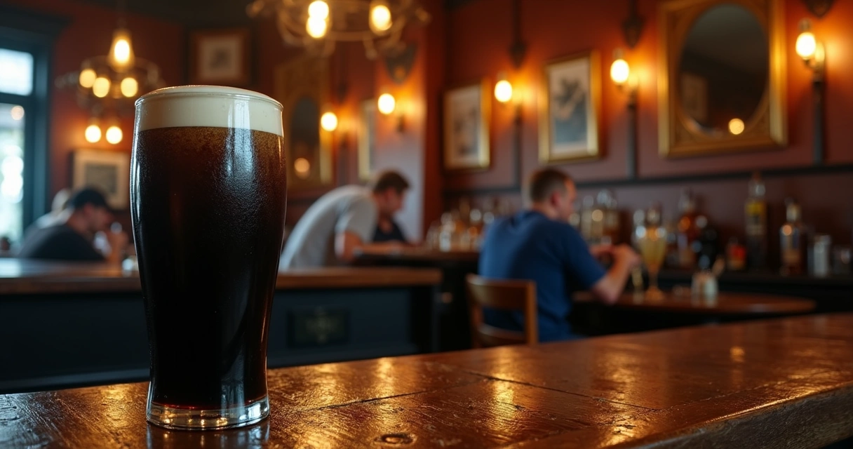 Pint de Guinness em balcão de pub tradicional em Dublin com interior de madeira antiga