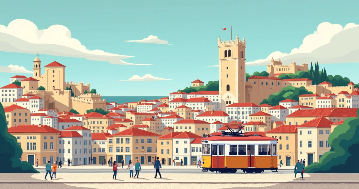 Ilustração plana corporativa de pontos turísticos emblemáticos de Lisboa com ruas, mirantes, bondes e pessoas explorando