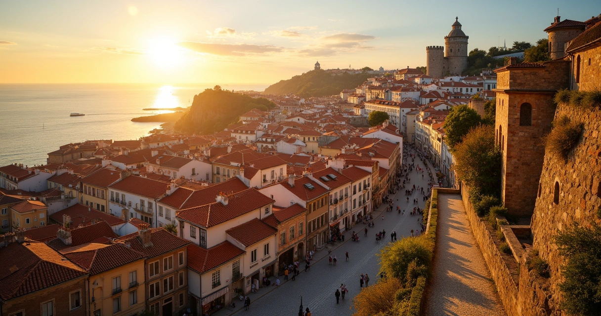 Vista panorâmica de pontos turísticos em Portugal com marcos históricos e paisagens urbanas ao pôr do sol