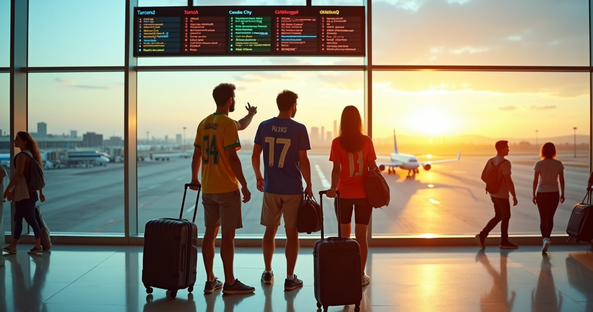Amigos em aeroporto com camisetas de seleções e malas prontas para a Copa de 2026