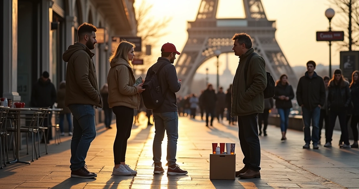 Turistas observando homem oferecendo jogo de copos na rua de Paris ao fundo da Torre Eiffel