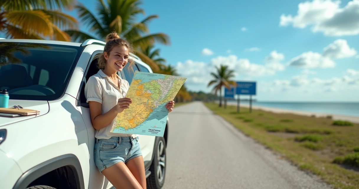 Mulher segurando mapa colorido da Flórida encostada em carro alugado em estrada tropical ensolarada