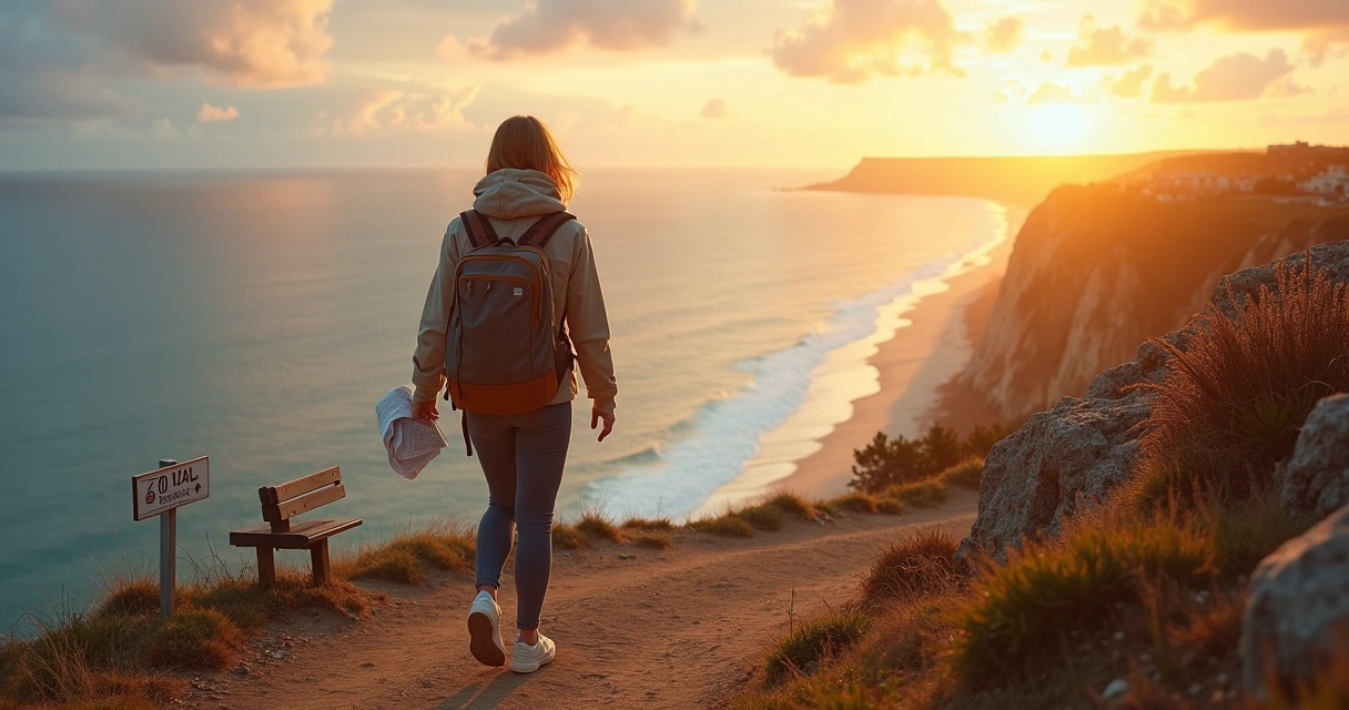 Pessoa viajando sozinha caminhando em trilha com mochila ao nascer do sol