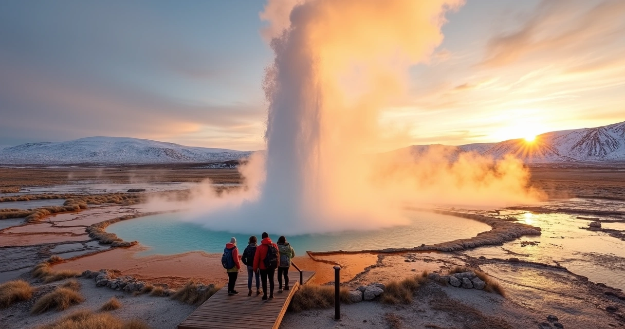 Viajantes de casaco observando gêiser em erupção ao pôr do sol