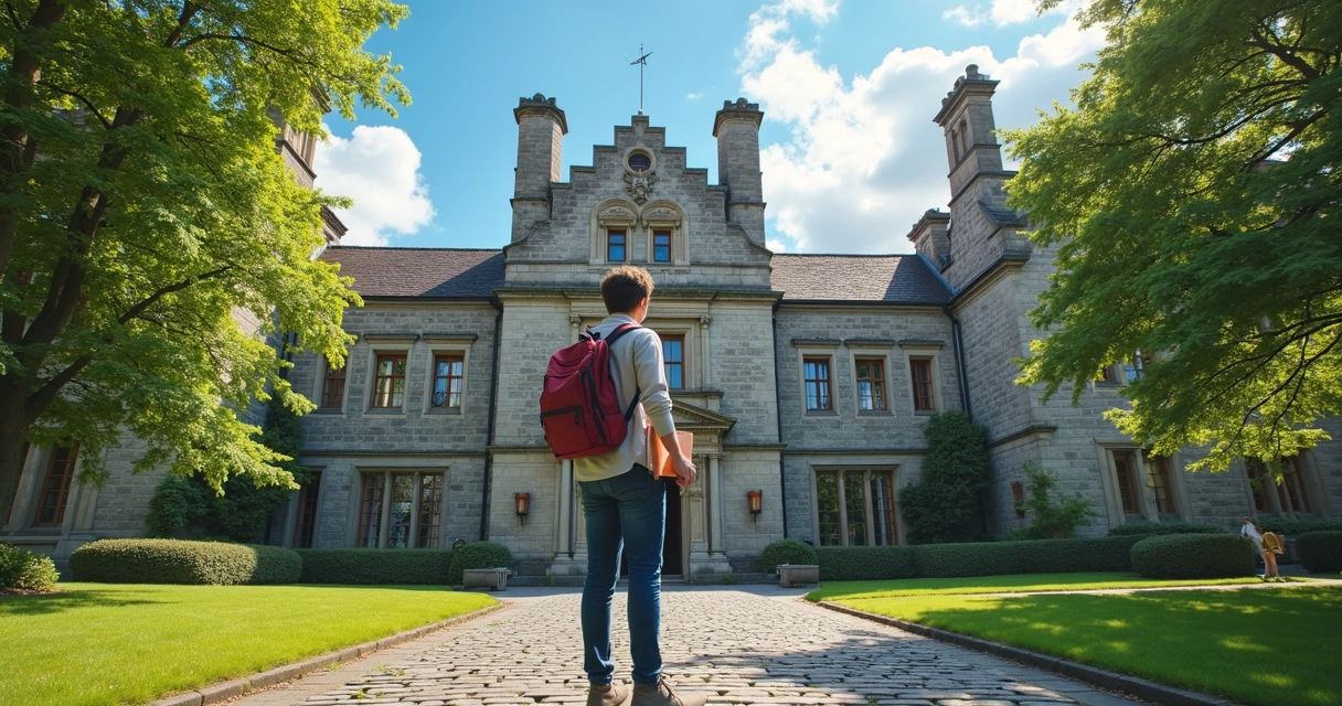 Estudante com mochila e livros em frente a universidade histórica na Irlanda, com céu azul e árvores ao redor